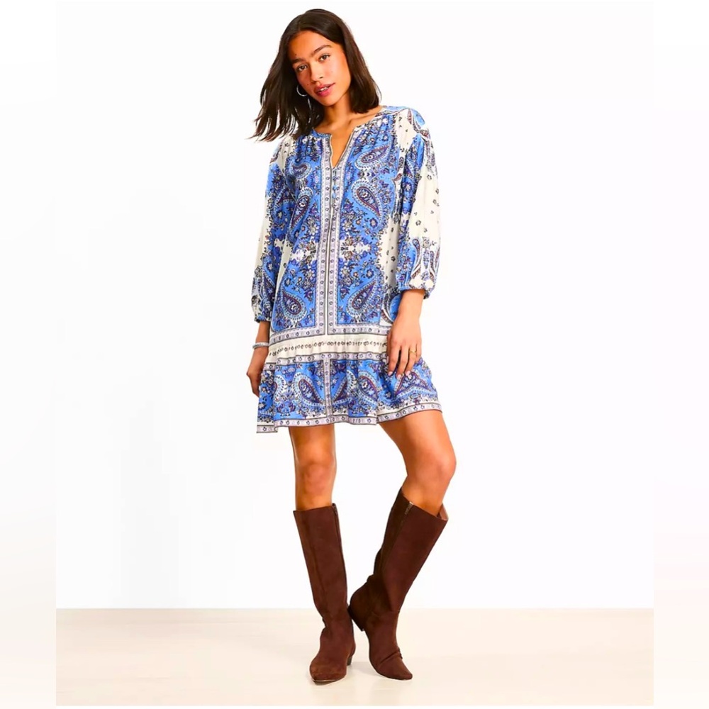 LOFT Petite Bandana Print Mini Flounce Dress in Blue, size XXSP